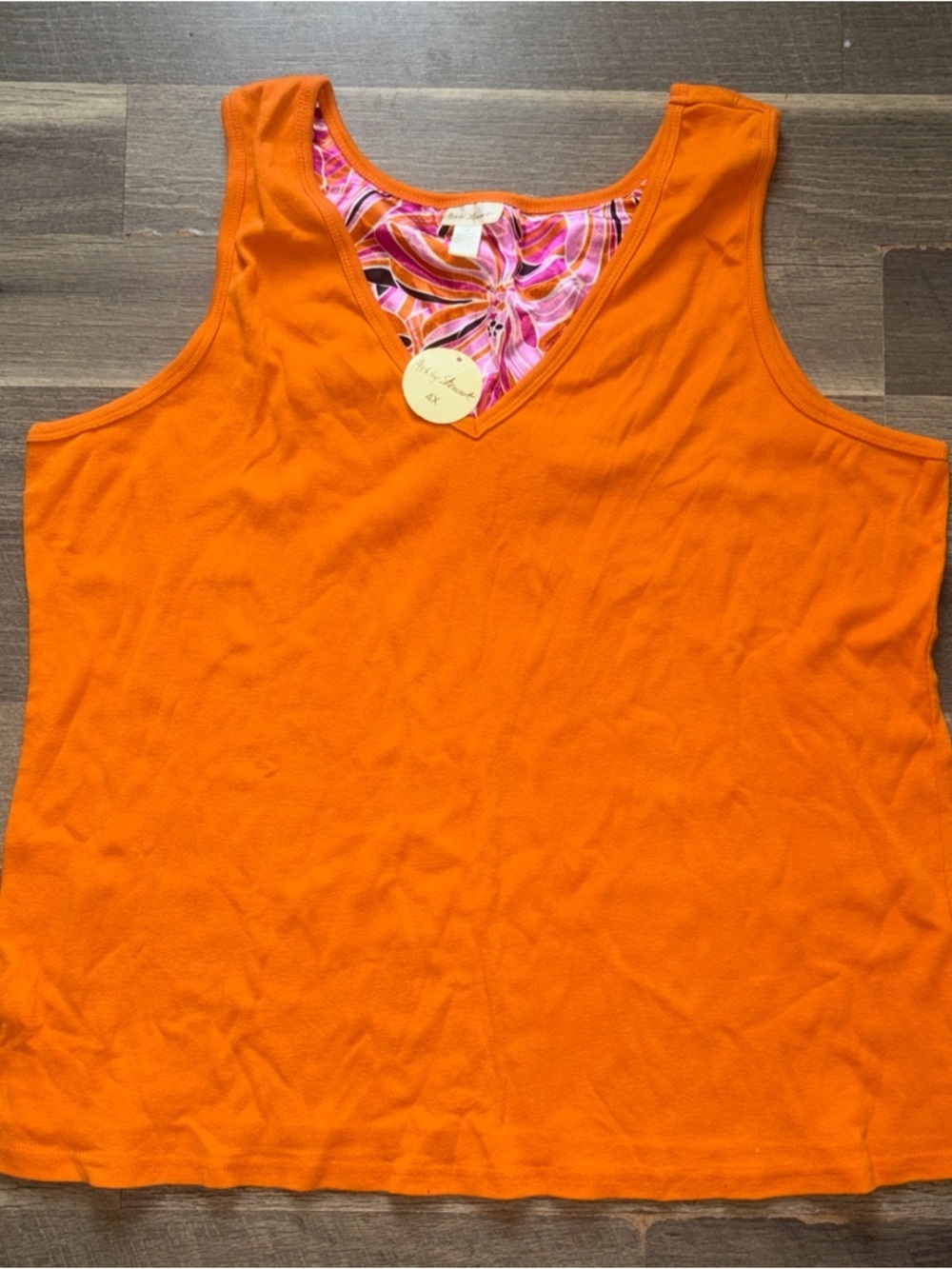 Ashley Stewart Bright Orange V-Neck Tank with Printed Detail